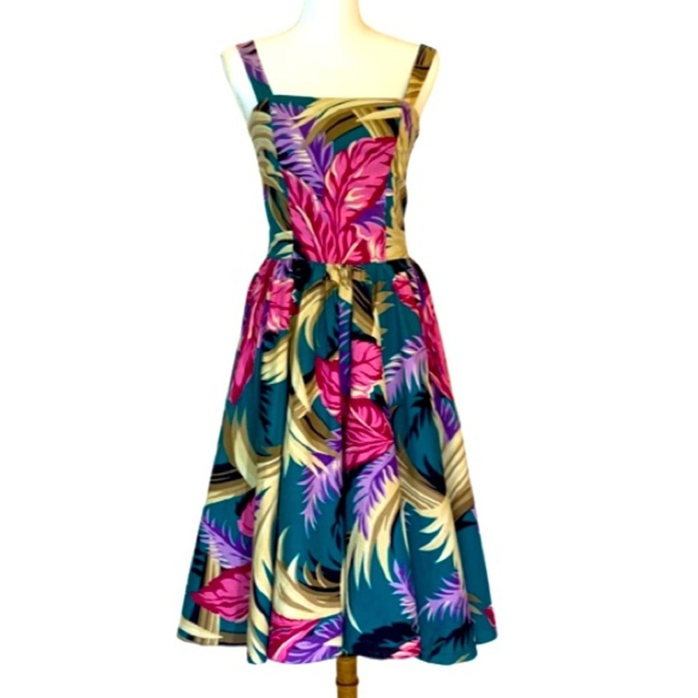 Vintage Lori Ann Tropical Leaf Print Cotton Midi Dress Size 11-12 Resort